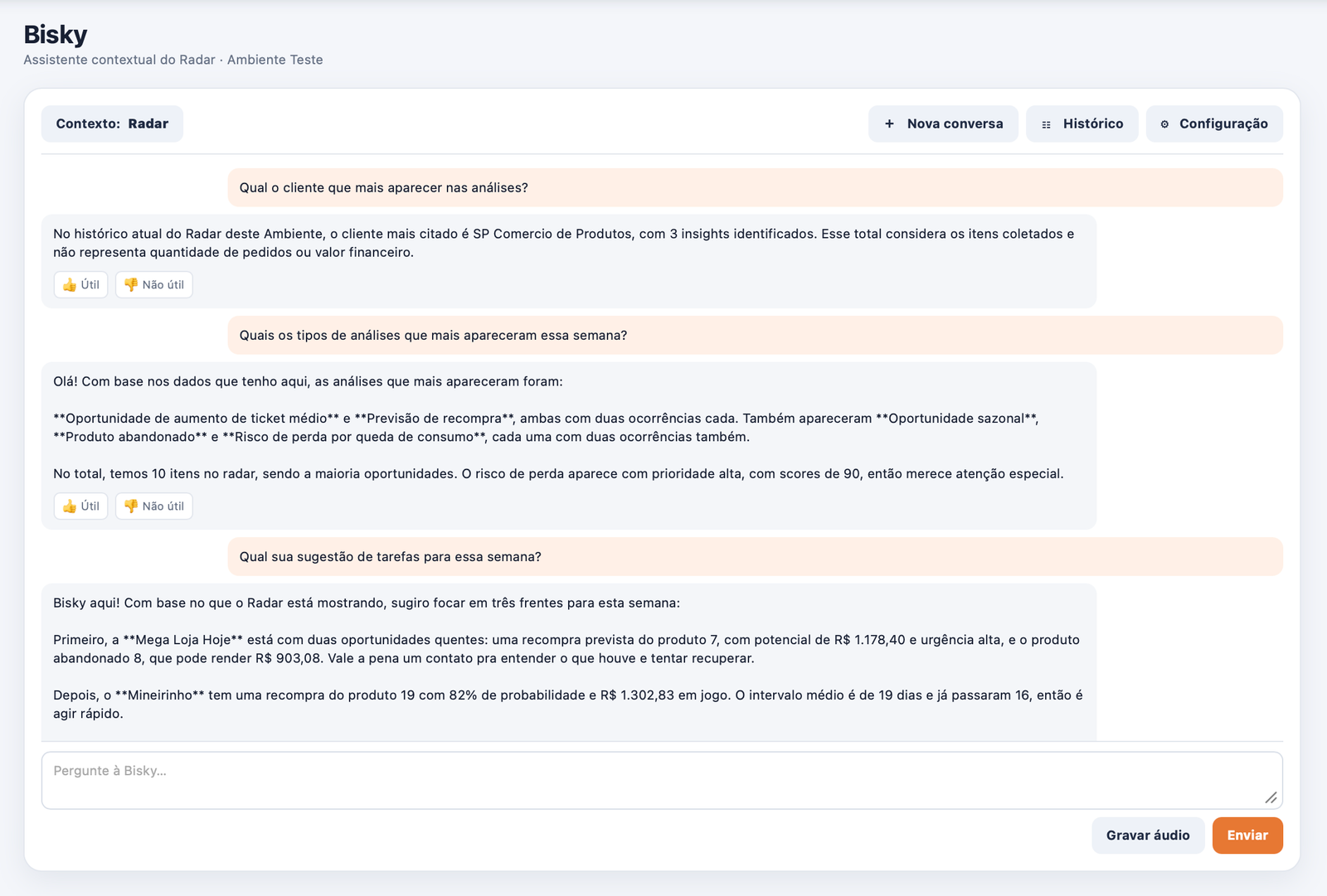 Tela do Bisky respondendo uma pergunta sobre os insights do Radar 4bis
